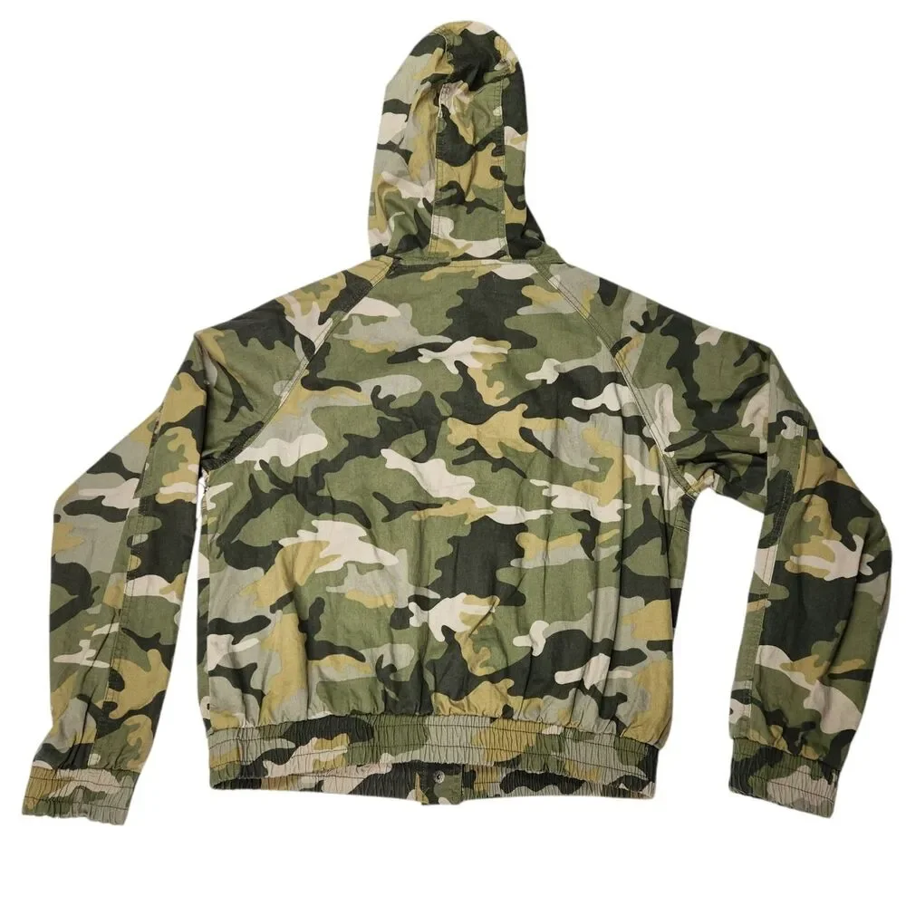 Forever 21 Camo Bomber Jacket Hood Womens Small 100% Cotton Pockets Snap Closure